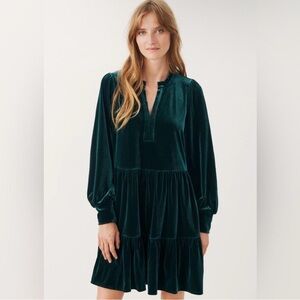 1 State Velour Velvet Emerald Green Long Sleeve Ruffle Tiered Dress